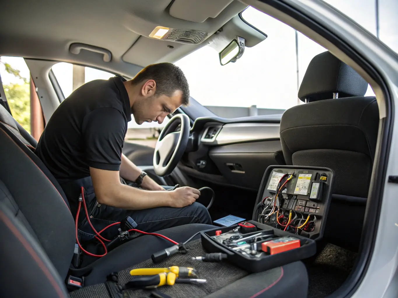 A professional technician carefully installing a car stereo system in a modern vehicle, showcasing precision and expertise.