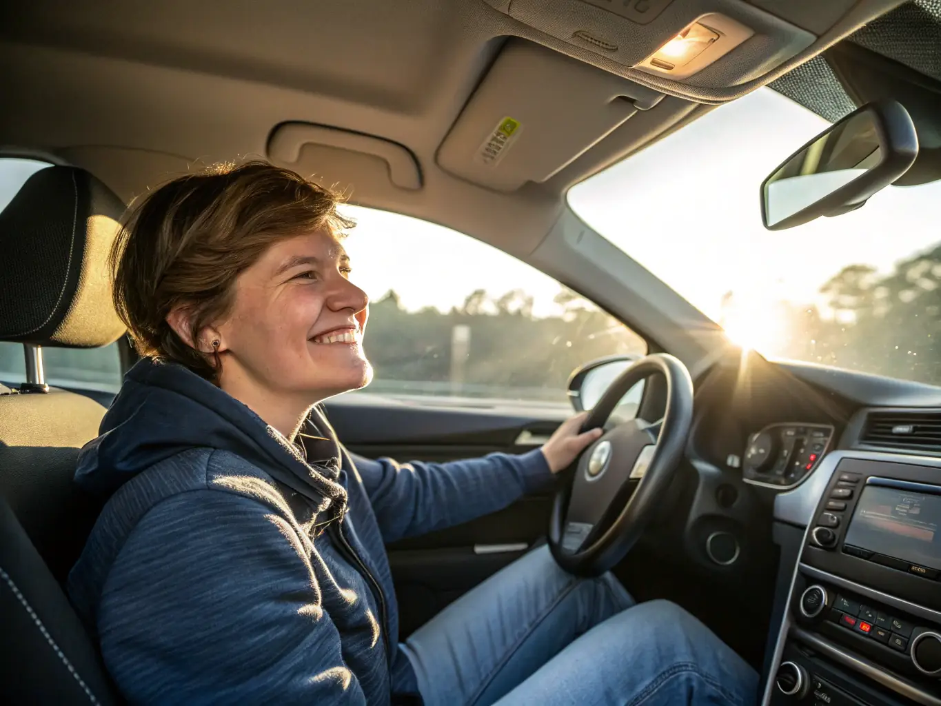 A customer smiling and enjoying the new car audio system in their car, highlighting the satisfaction and benefits of professional installation.